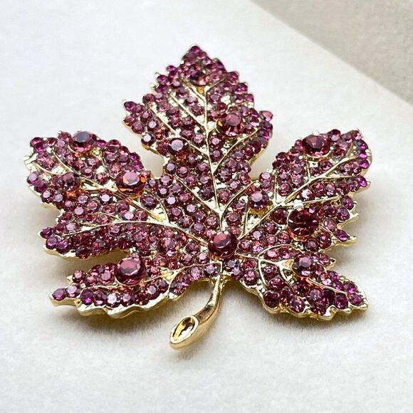 Yellow Gold with Pink Sapphire Crystal Single Maple Leaf Pin Back Brooch - Picture 3 of 8